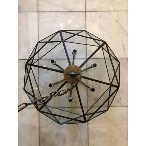 Vintage Mid Century Brass Octagon Diamond Hanging Glass Light Fixture Pendant - Picture 15 of 15